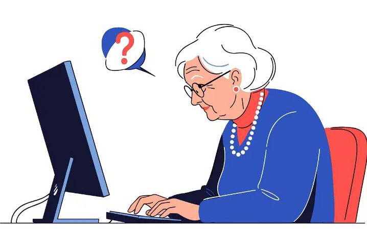 teknik, förvirring, äldre, dator, online, internet, hjälp, support, fråga, problem, svårighet, lärande, kommunikation, assistans, digital, åtkomst, användare, gränssnitt, design, AI-genererad